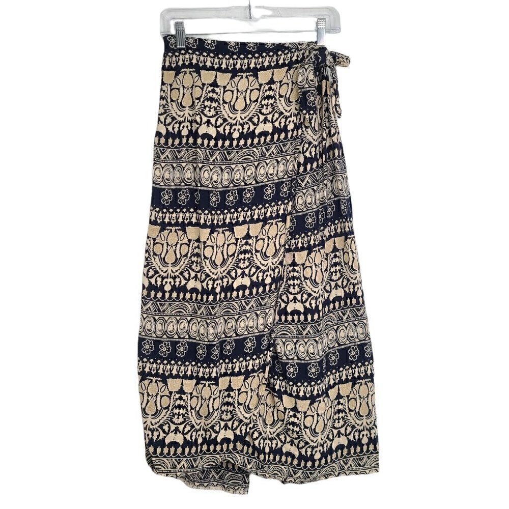 Women's Navy Beige Boho Tribal Navajo Faux Wrap Maxi Skirt
